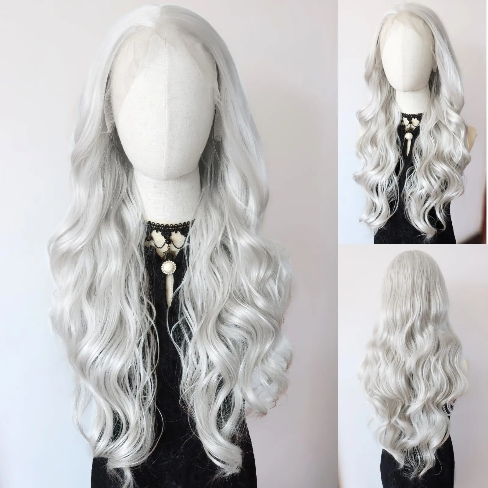Long Wavy Silver White Synthetic Lace Front Wig Heat Resistant Fiber Body Wavy Lace Front Wig Pre Plucked Natural Hairline Wig