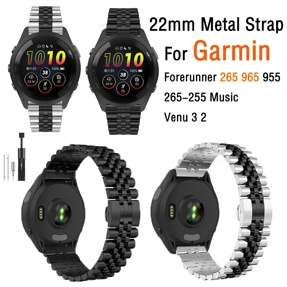 Pulseira de metal de 22mm para garmin forerunner 265 965 970 570 47mm 955 255 265music pulseira confortável garmin venu 3 2