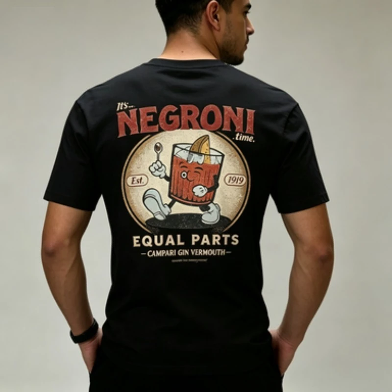 Male  Modal T‑Shirt Round Neck Vintage Cocktail Character Graphic Print Retro Bar Drink Design Short Sleeve Casual Tees