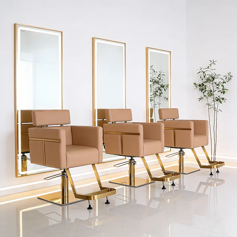 kr-Luxury Barbershop Furniture Gold Stainless Steel square Base Hairdressing Chair Modern Orange Barber Chair for Men！