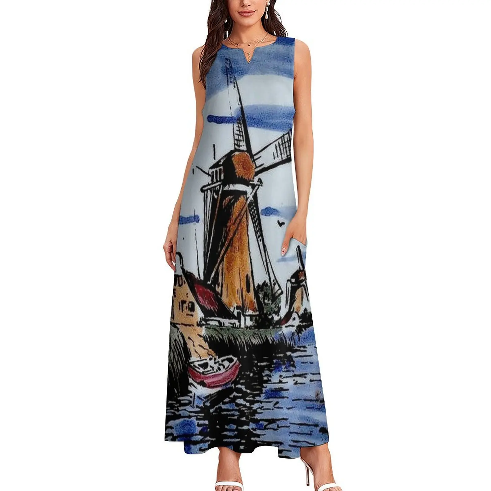 DUTCH BLUE DELFT : Vintage Colorful Windmills and boat on River Print Long Dress Women's clothing Woman fashion Dress