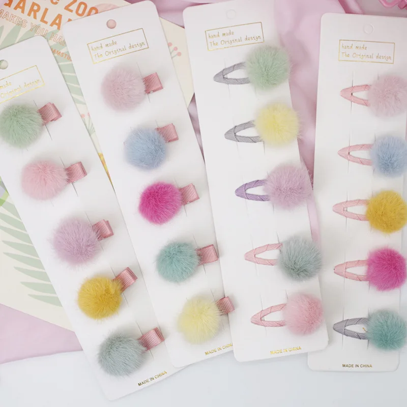 5pcs/set Mini Hair Pin Clips Costume Bobbles Barrettes Cute Kawaii Solid Candy Color Pompoms Baby Hairpins for Girls Accessoires