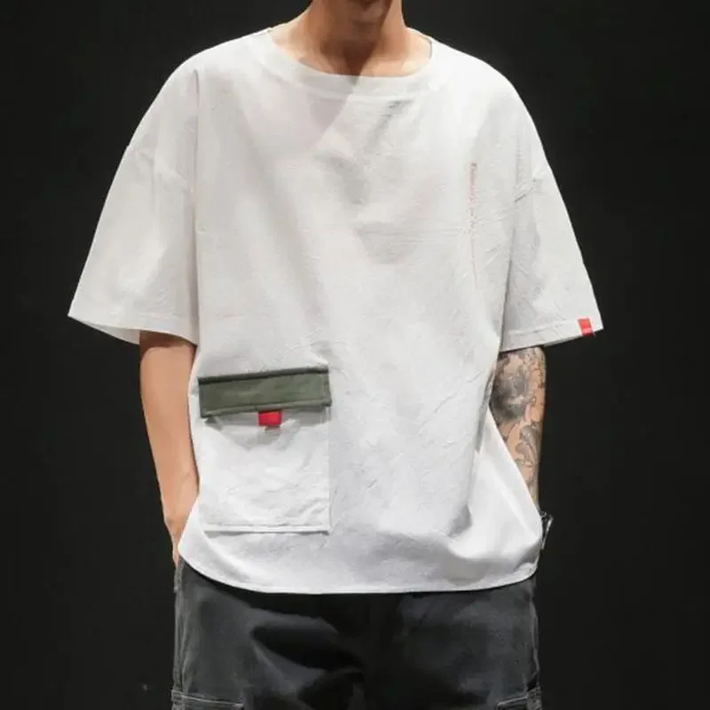 LIBIELIY Fashion O-Neck Spliced Pockets Casual Printed Letter T-Shirts Men Clothing 2024 Summer New Loose Korean Tops All-match