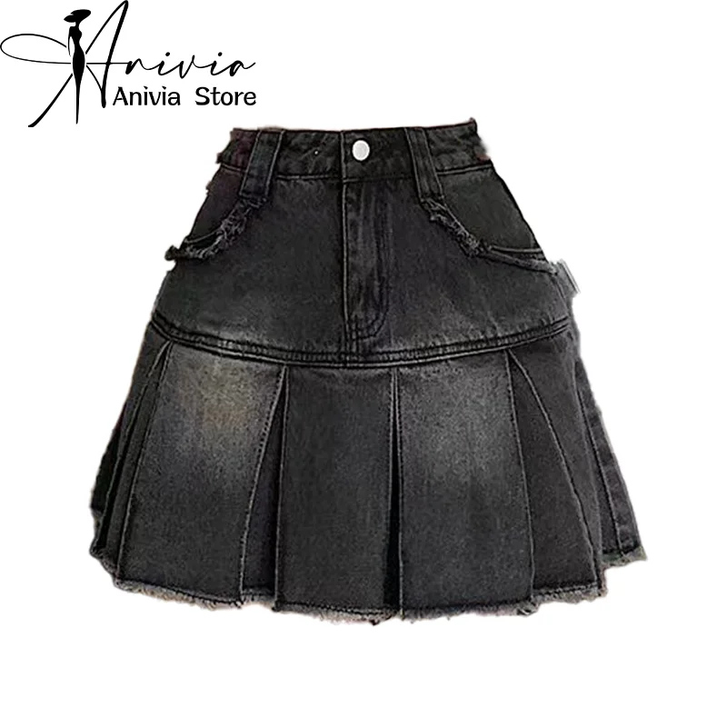 Women Light Blue A-line Denim Pleated Skirt Vintage Y2k Mini Jean Skirt Harajuku Korean Elegant Cowboy Skirts 2000s Clothes 2024