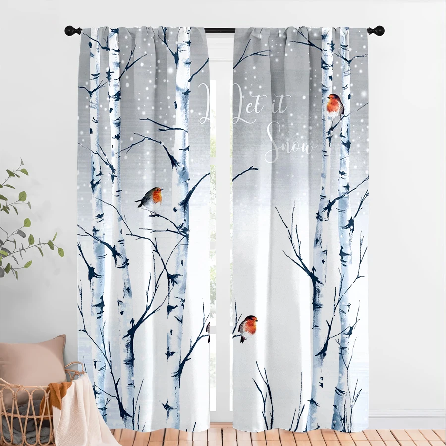 2PCS Digital Print Curtains, Gray Blue Birch Forest Robins Birds Let it Snow Text Winter Scene, Serene Nature Style - Christmas
