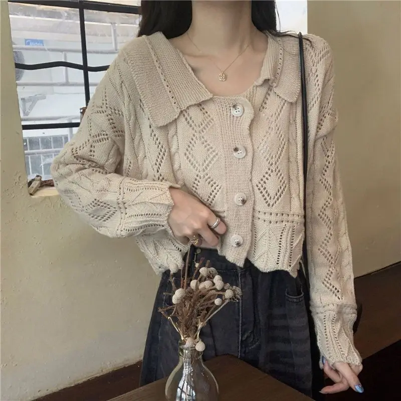 

Cropped Knit Cardigan Women Vintage Hollow Out Button Up Sweater Cardigans Woman Casual Solid Lapels Knitwear Coat Autumn