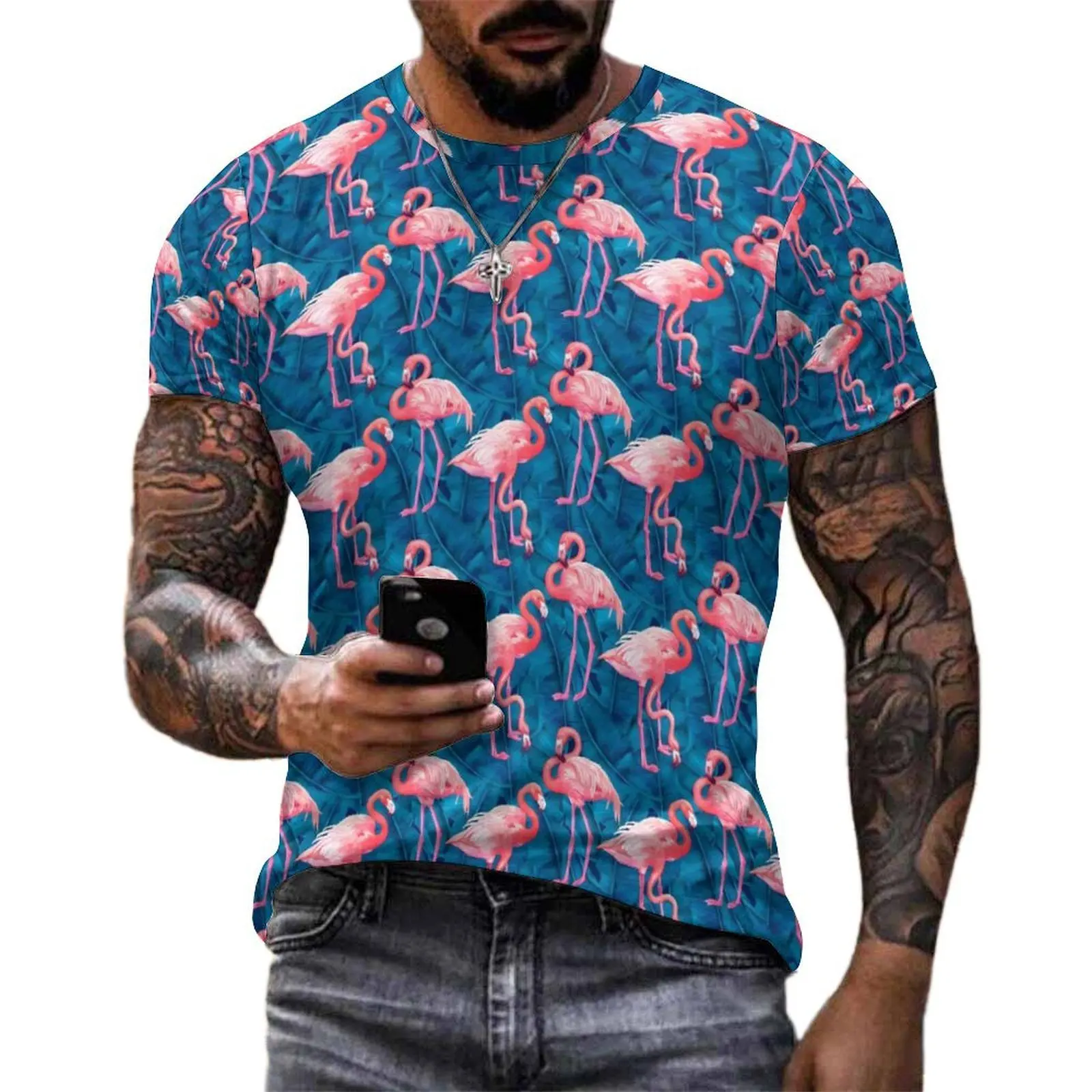 Oversized T Shirt Summer Tropical Birds T-Shirts Flamingos And Leaves Streetwear O Neck Tee Shirt Men Harajuku Design Top Tees