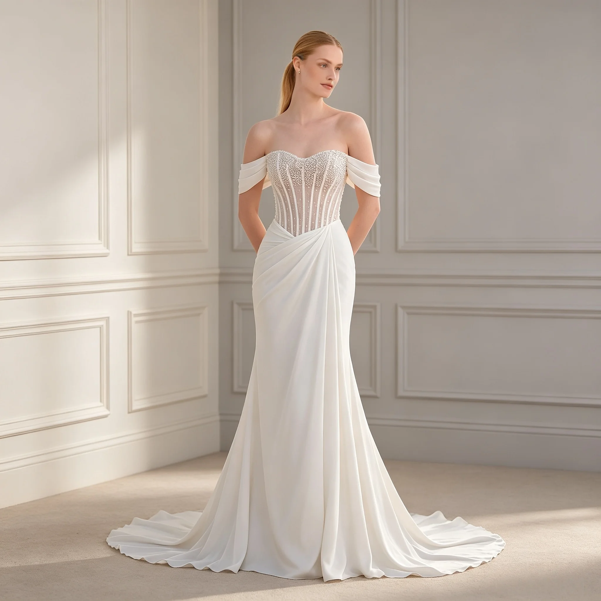 Off Shoulder Sweetheart Mermaid Wedding Dress Sheer Pearl Beaded Corset Draped Sleeves Ruched Stretch Crepe Bridal Gown Customiz