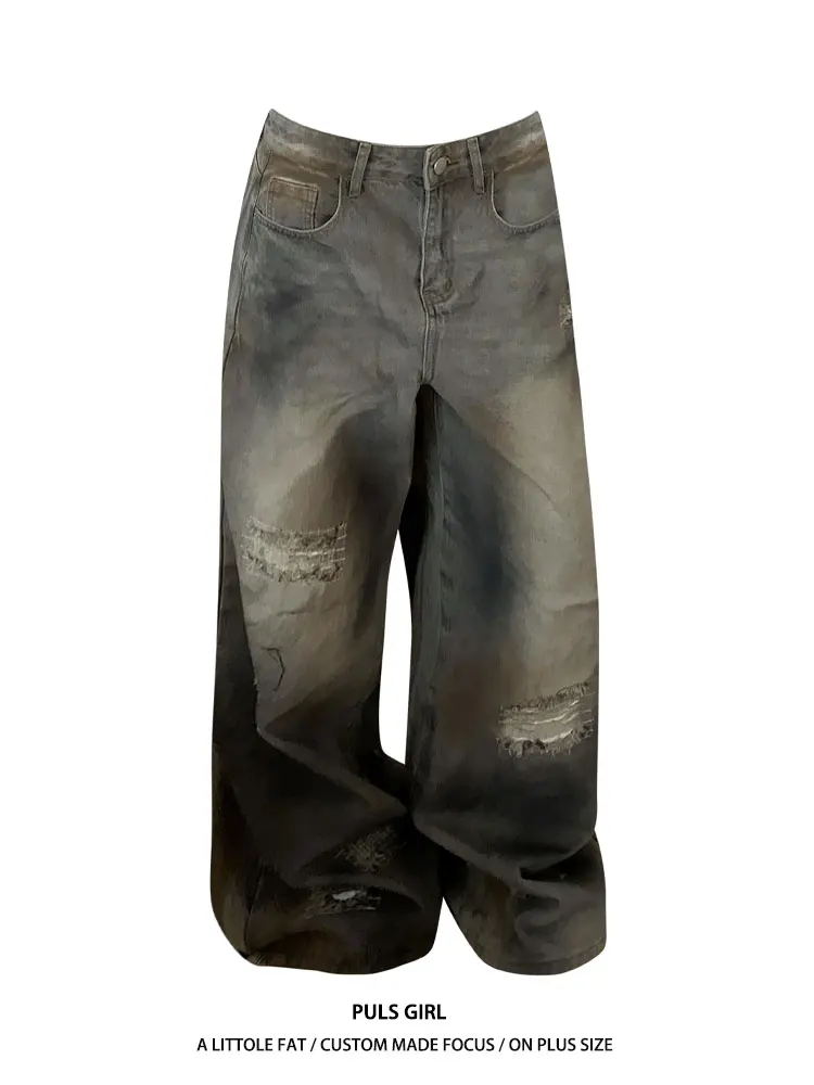 

Женские широкие джинсы в американском стиле, большие размеры, с эффектом потертости, повседневные, с ручной вышивкой, из денима, новинка 2025 года