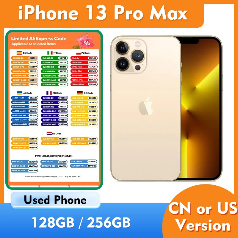 Разблокированный оригинальный смартфон Apple iPhone 13 Pro Max 5G, 6,7-дюймовый HD-дисплей, камера 12 МП, 256 ГБ ПЗУ, б/у