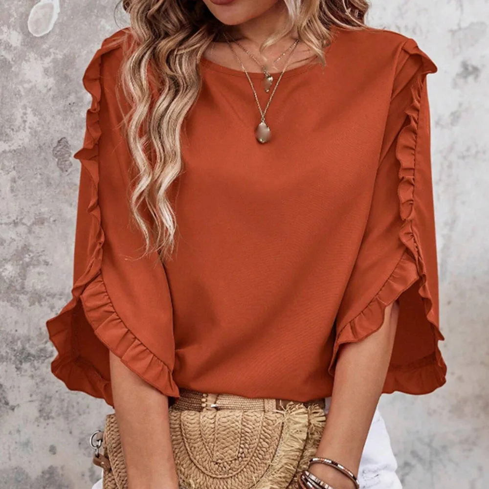 Primavera y verano Boho nuevas blusas de mujer moda cuello redondo encaje Irregular tres cuartos manga mariposa Top camisas casuales mujeres