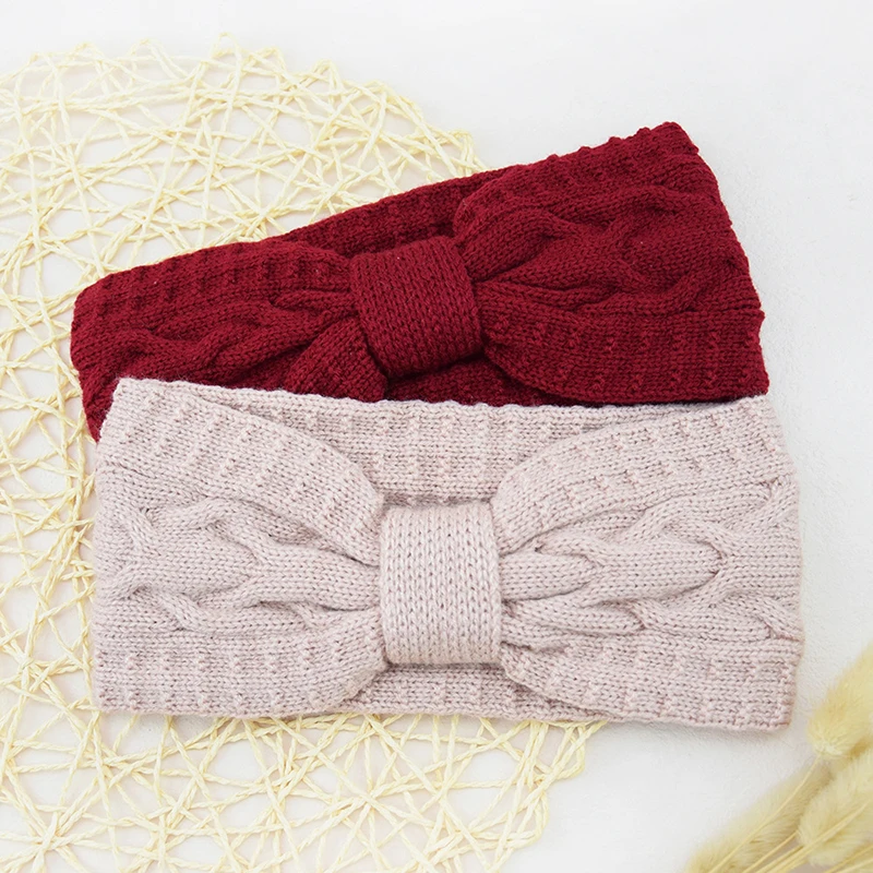 Winter Warmer Ear Knitted Headband For Women Outdoor Crochet Bow Wide Stretch Hairband Headwrap Hair Accessories Lady Turbans