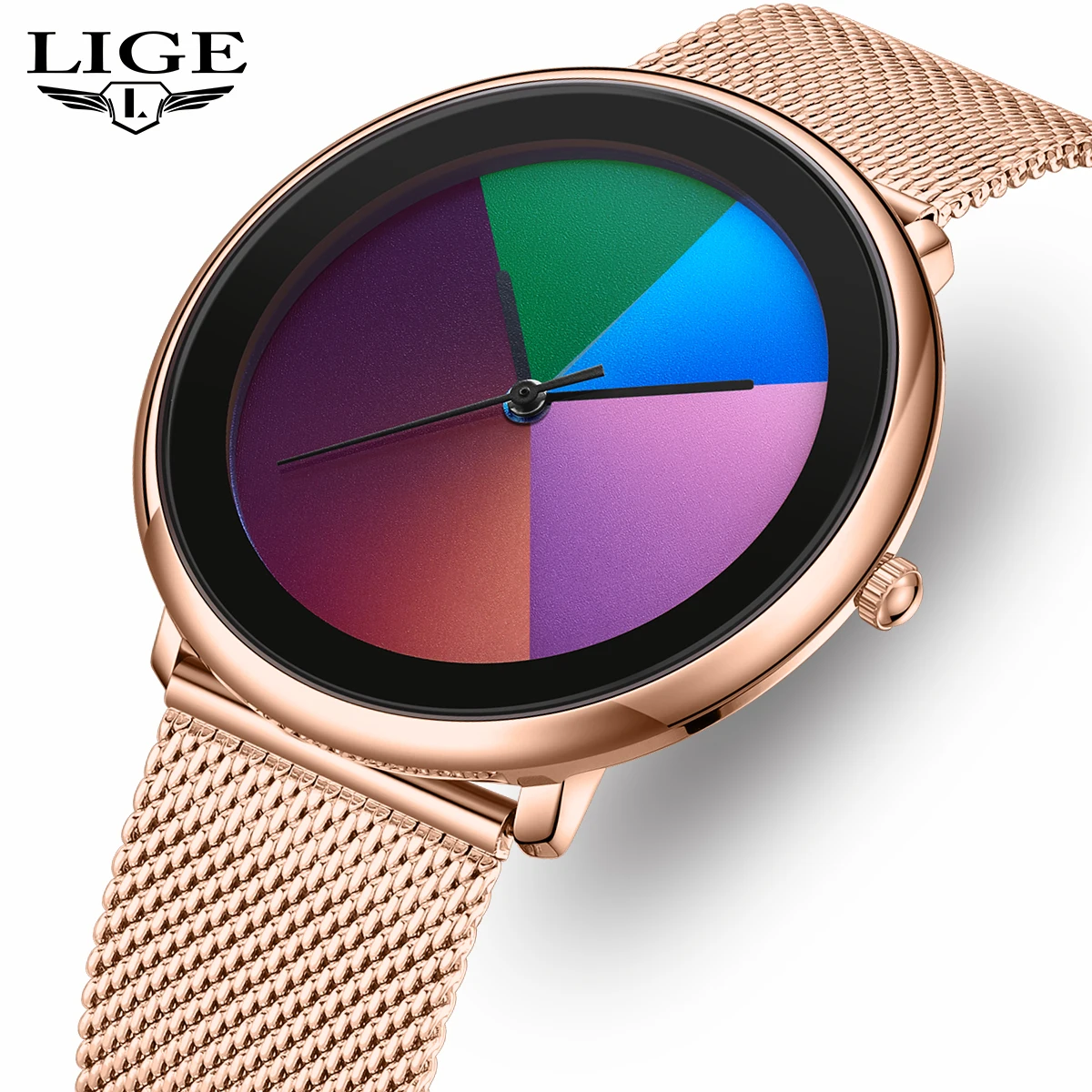 LIGE Unique Women Watch Fashion Casual Colorful Changing Dial Quartz Wriswatch Simple Ultrathin Steel Lady Watches Special Gift