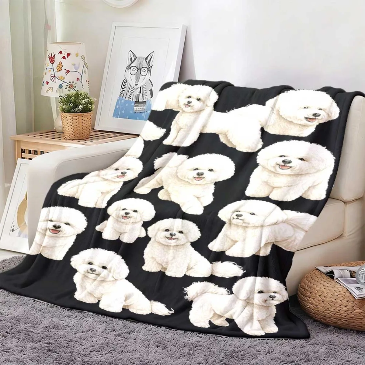 Cute Realistic White Bichon Full Different Poses Plain Black Base Fleece Blanket Cozy Throw Bed Travel Dorm Pet Decor Present