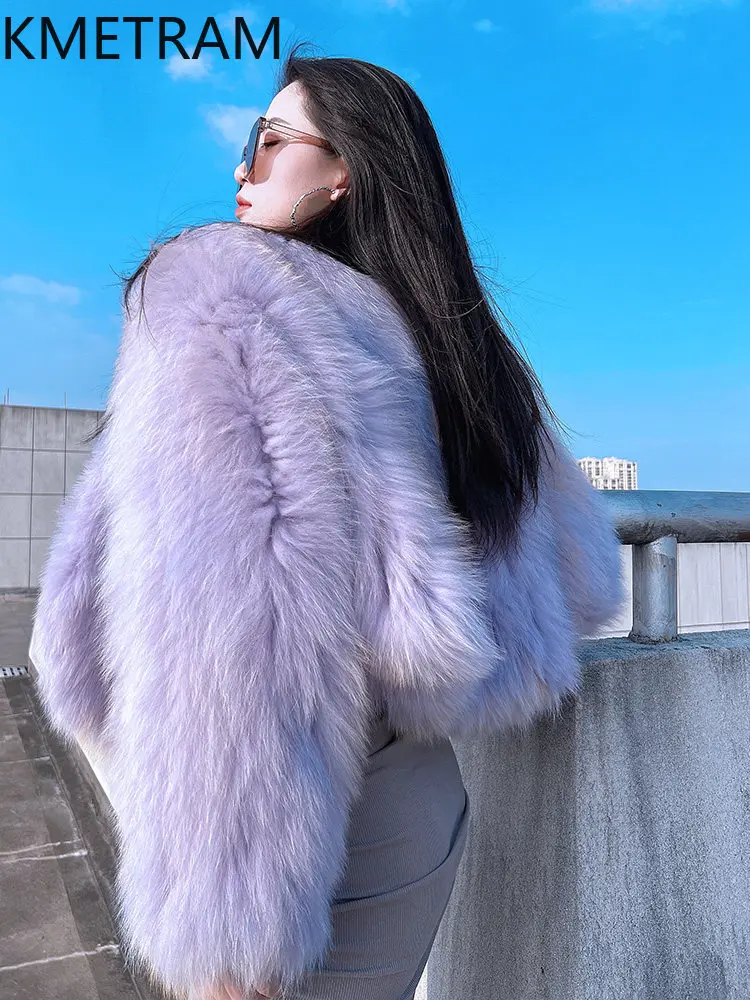 KMETRAM 100% Real Fox Fur Jacket Women Fashion V-Neck Short Coats Winter Double-Sided Knitted Fur Coat Woman Clothing 50cm 2026