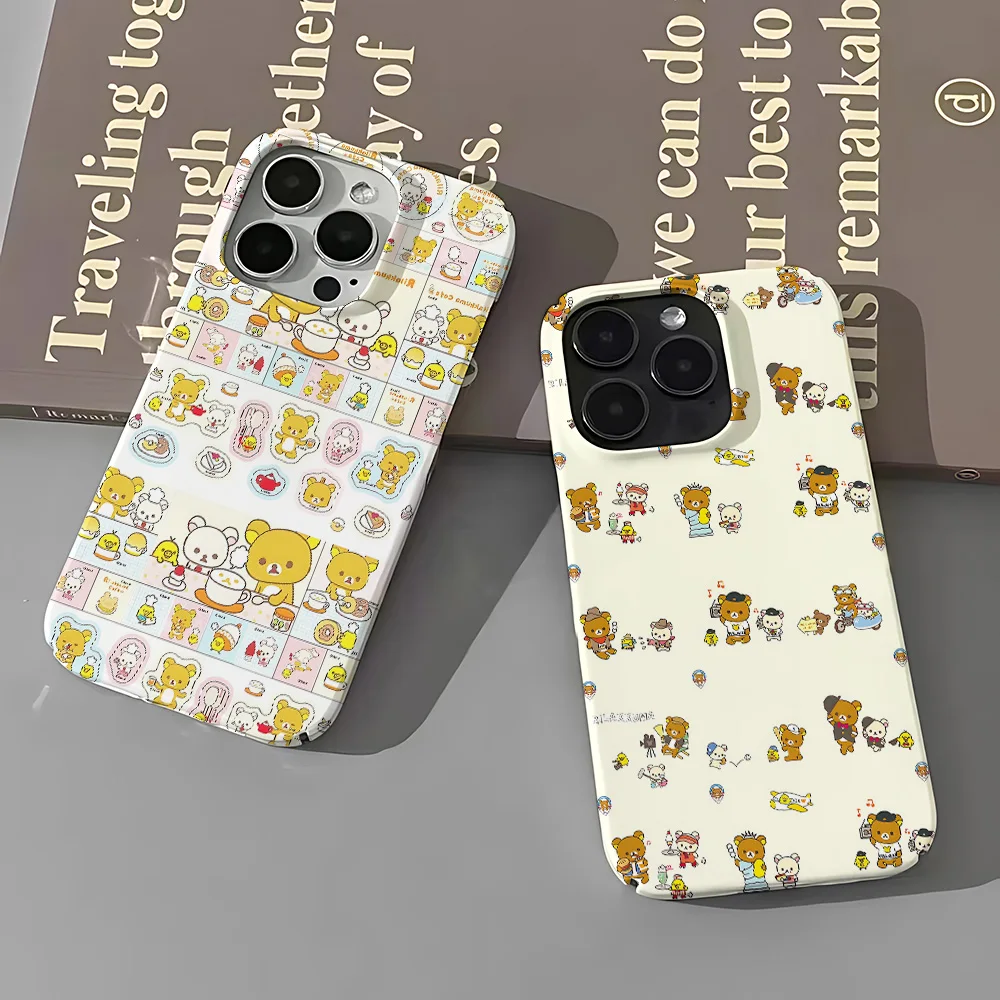 Cartoon Cute Rilakkumas custodia per telefono per iPhone 16 15 14 13 12 11 Pro Max XS XR XSMax 6 7 8 Plus Cover rigida lucida per PC HD