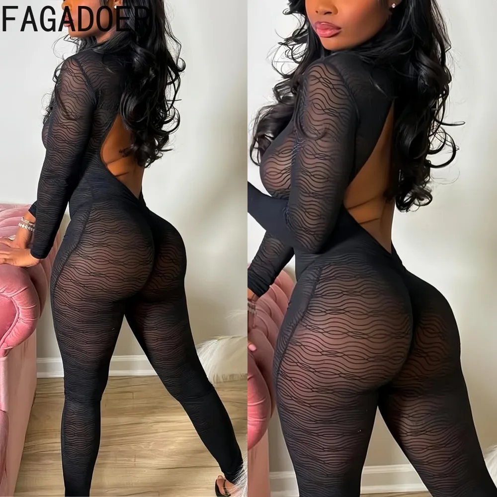 FAGADOER مثير انظر من خلال Bodycon حللا المرأة شبكة طويلة الأكمام عارية الذراعين قطعة واحدة السروال القصير الإناث نادي وزرة الحفلات جديد
