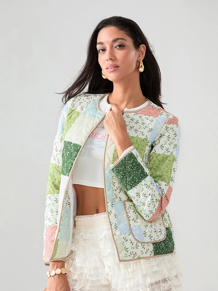 Chaqueta acolchada con estampado Floral para mujer, cárdigan frontal abierto, Abrigo acolchado de manga larga, prendas de vestir exteriores, Otoño e Invierno