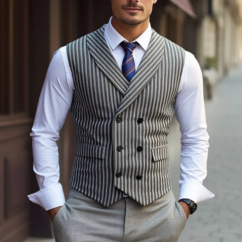 

Trendy Slim Fit Mens Waistcoats Spring Casual Turn-down Collar Double-breasted Vest Jacket For Men Autumn Vintage Striped Coats