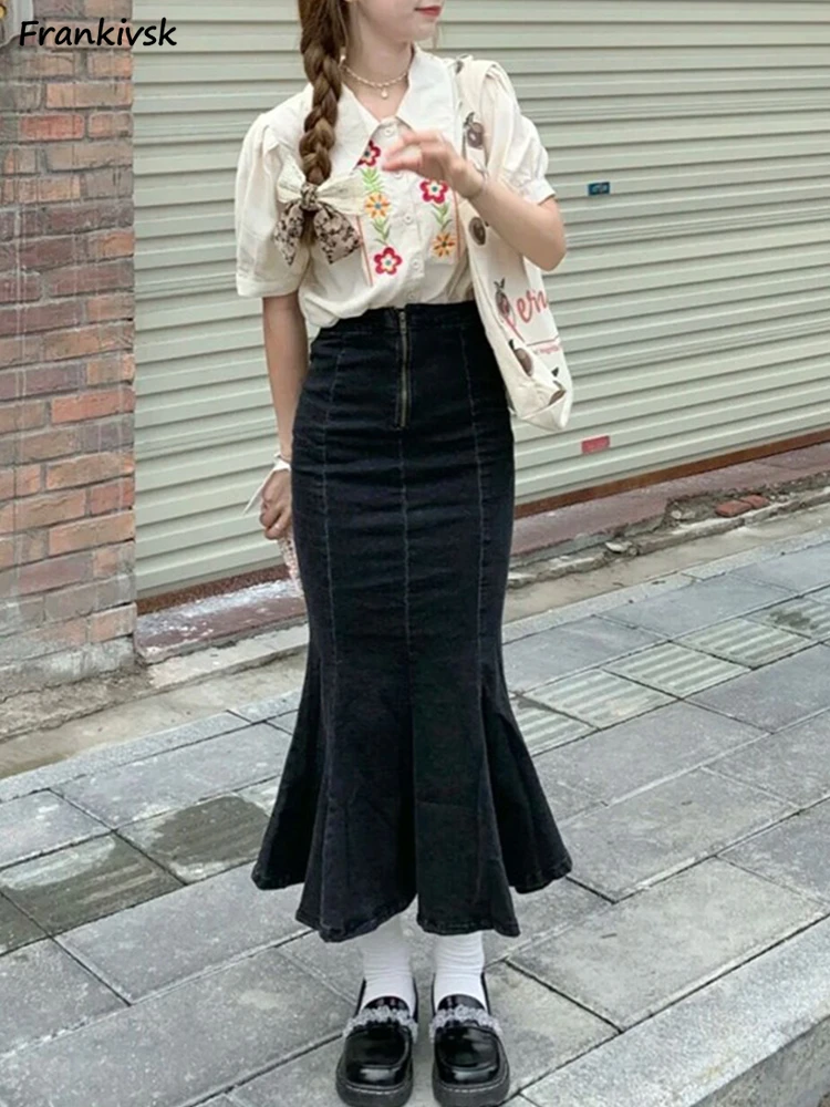 

Skirts Women Summer Vintage High Waist Raw Edge Mermaid All-match Korean Style Elegant Fashion Denim Aesthetic Schoolgirls Daily