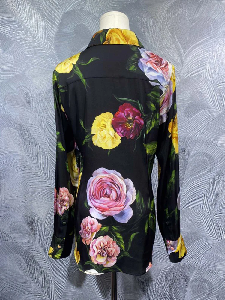 JUNLINNA Fashion Rose Flower Printing Blouses 100% Silk Women Turn-down Collar Long Sleeve Single Breasted Shirt Elegant Lady