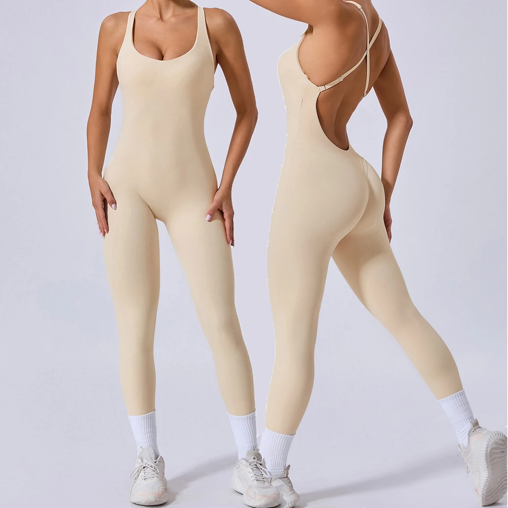 

Sexy Cross Strap backless Jumpsuits Gym Set Women Tracksuits One Piece Short Sleeve Fitness Overalls Female Sport Clothes
