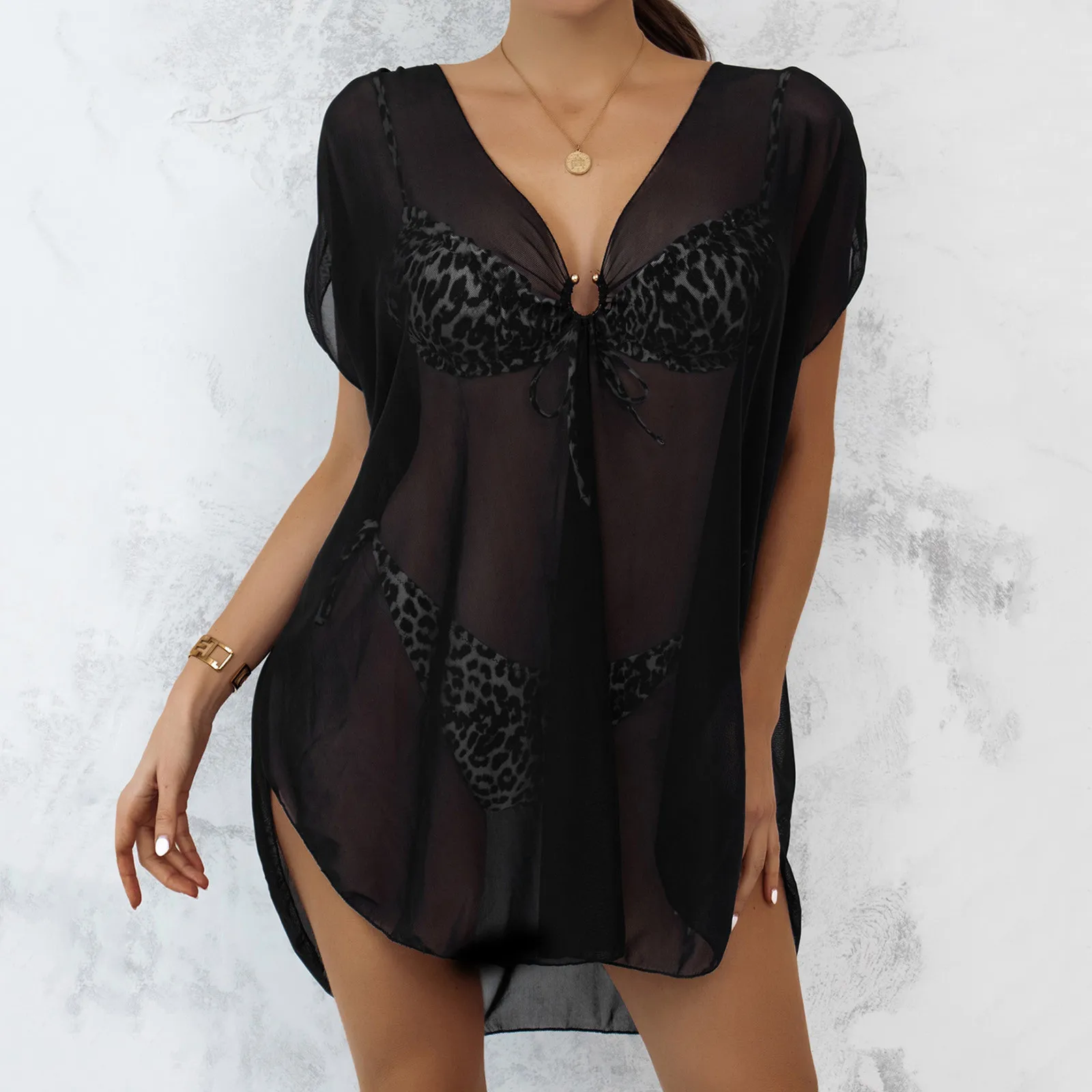 Sxey Short Sleeve See Through Top Women Mesh Sheer Tunic Beach Cover Up Female Beach Cover-ups Dress Beachwear