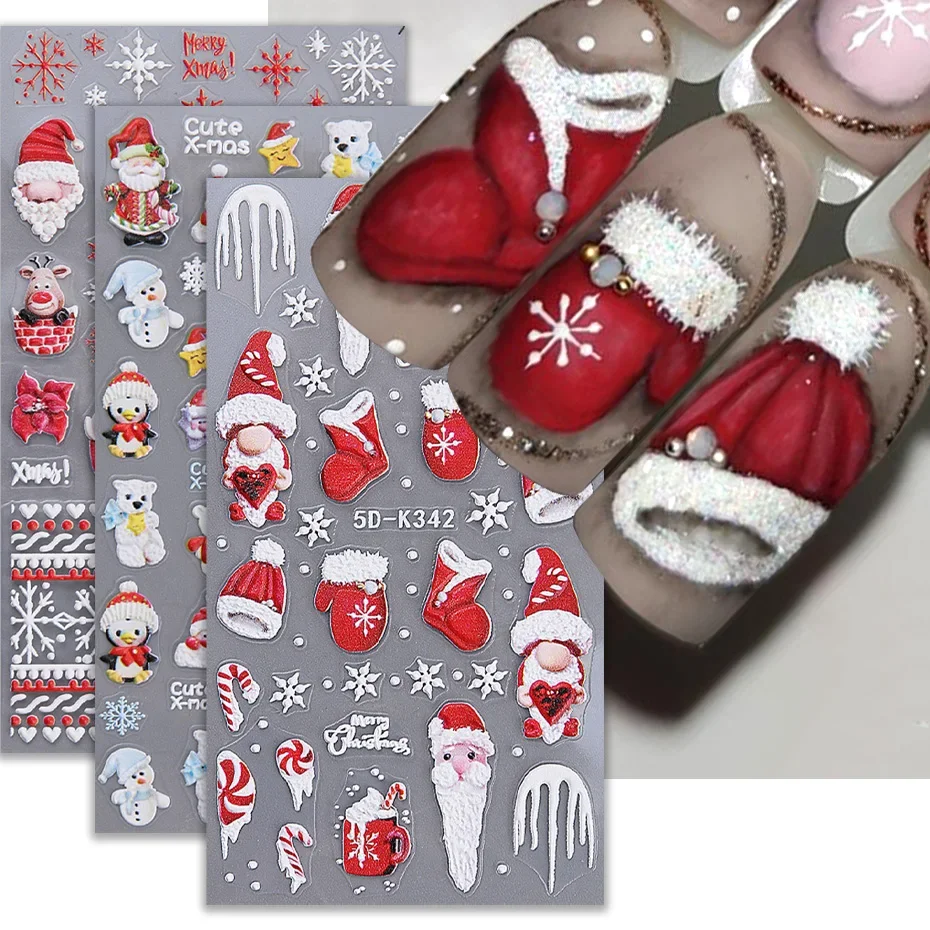 5D Red Christmas Nail Sticker Santa Claus Snow Drop Gonk Snowflake Candy Cane Plaid Decal DIY Winter Xmas Manicure Decorations