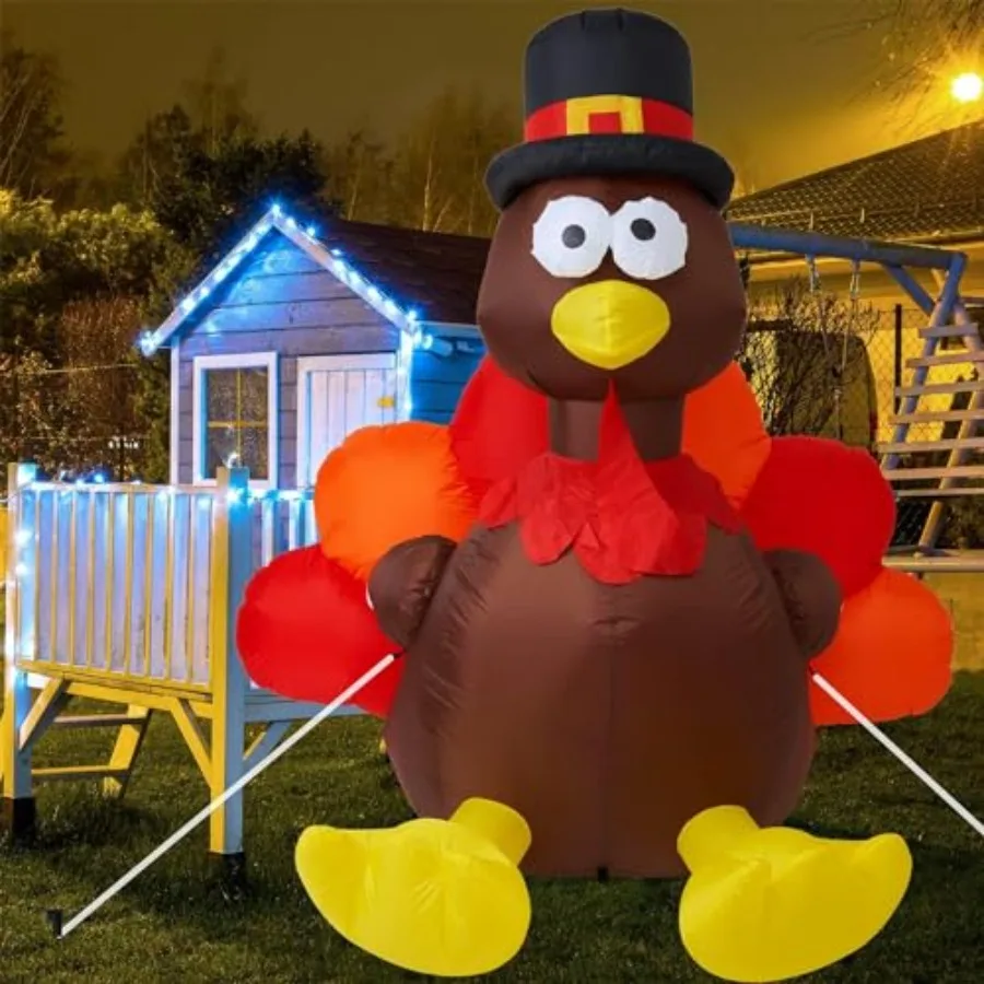 

Thanksgiving 6FT Inflatable Turkey with Pilgrim Hat Yard Decoration - LED Light Up Blow Up Turkey for Outdoor Indoor Lawn Thank