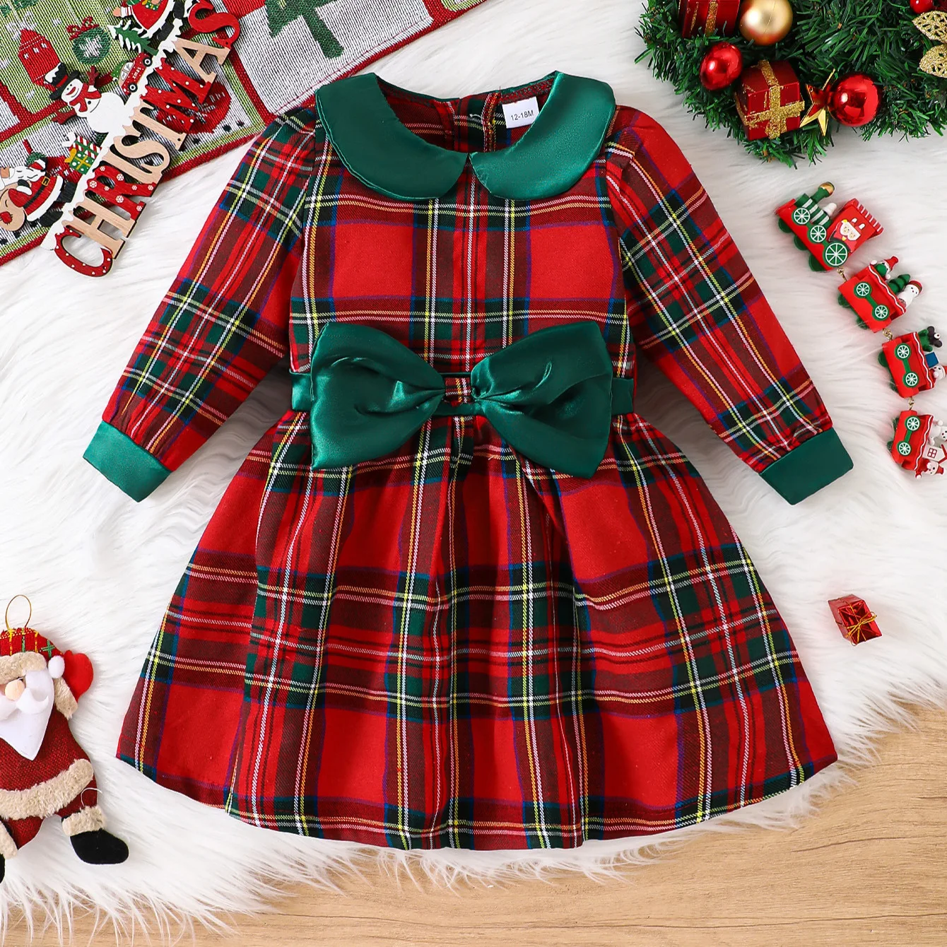 

1-5Y Baby Christmas Dress For Kids Doll Collar Front Big Bow Red Plaid Dresses Children's New Year Clothes 2026 Eevning Dress