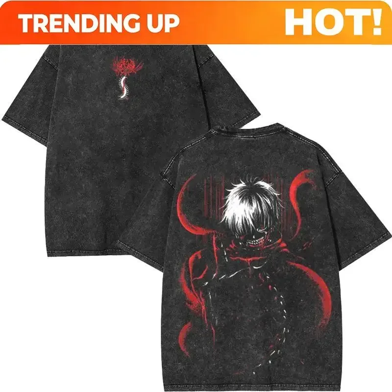 Camiseta Personalizada de Tokyo Ghoul, Ken Kaneki, Ojos Rojos, Máscara, Anime, Lavado Ácido, Manga, Película, Videojuego, Vintage, Algodón, Unisex, para Hombre