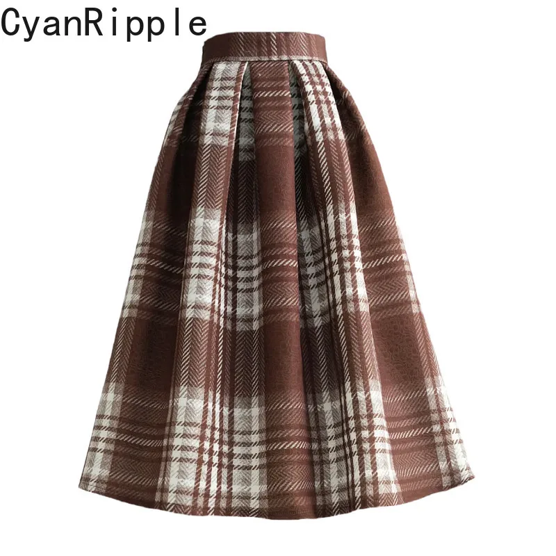 2026 New Autumn Winter Vintage Grid Stripes Colorblock College Style Umbrella Skirt Elegant High Waist Mid-length A-line Skirts