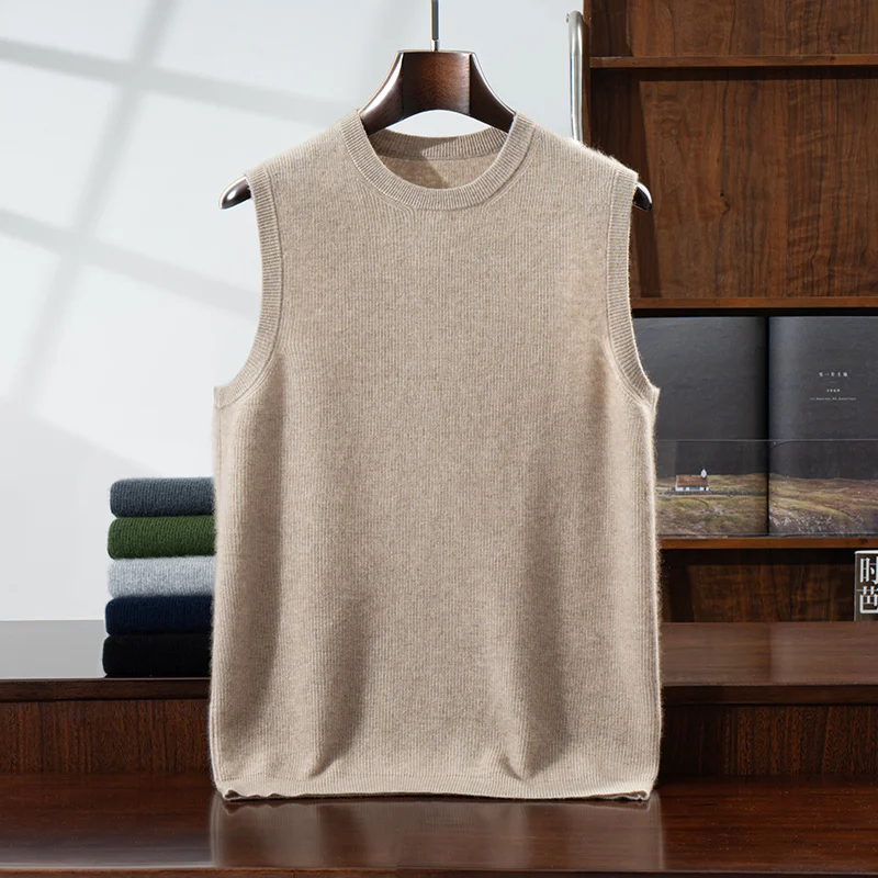 "Men's 100% Cashmere Knit Vest Sweater – Winter Autumn Slim Fit Sleeveless Waistcoat, Soft Round Neck Pullover, Men's Clothing
