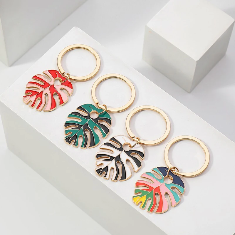 Colorful Big Vintage Statement Bohemian Enameled Leaf Keychain For Women Men Pendant Hanging Decoration Gold Color Accessories