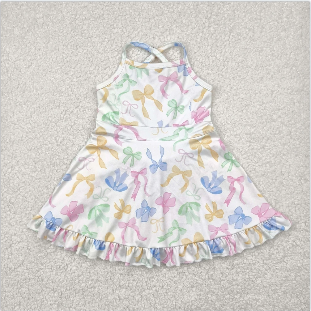 

Hot Sale Toddler Active Wear Baby Girls Strap Colorful Bows Yoga Ruffle Yoga Active Wear Skort Knee Length Girls Athletic Dress