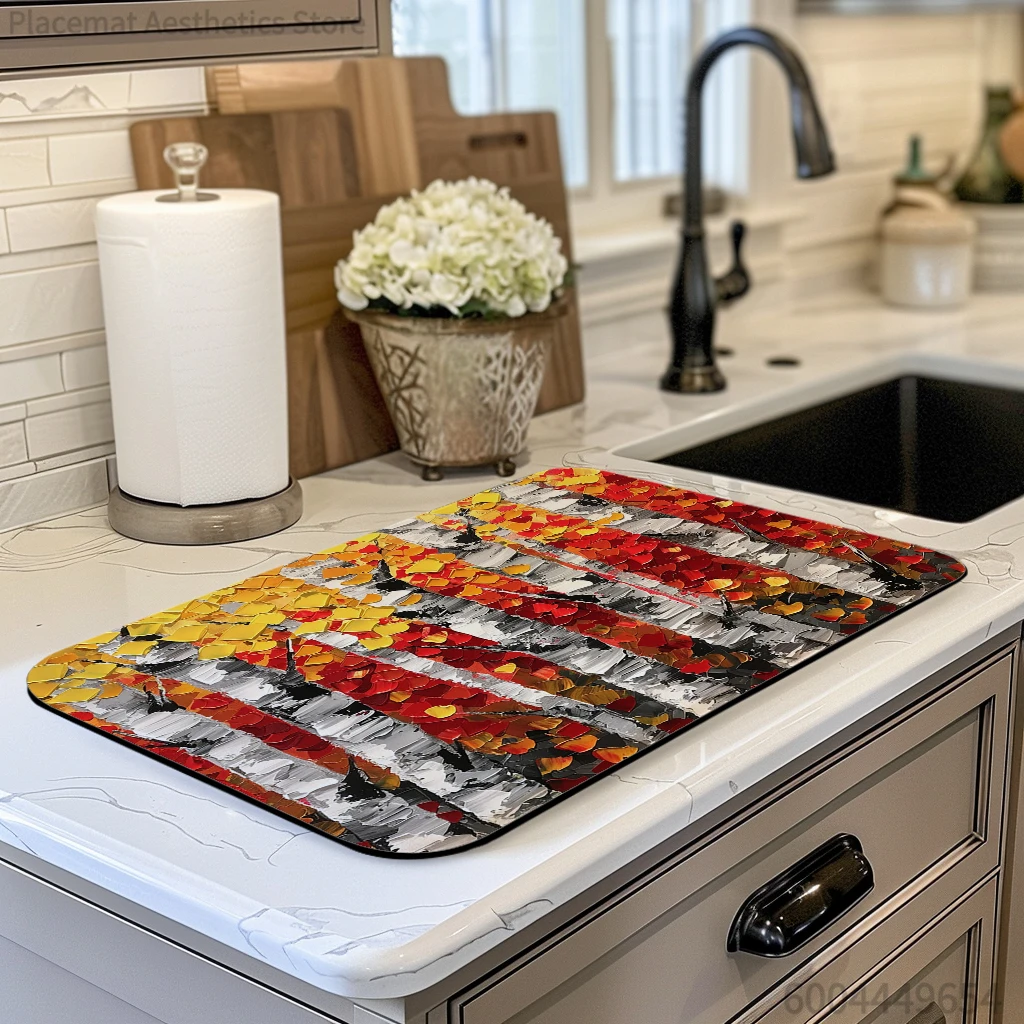 Coffee Tablewear Drain Pad Painted Birch Bathroom Square Absorbing Anti-slip Dry Mat  Placemat Dishes Cup Splash Proof Drainer