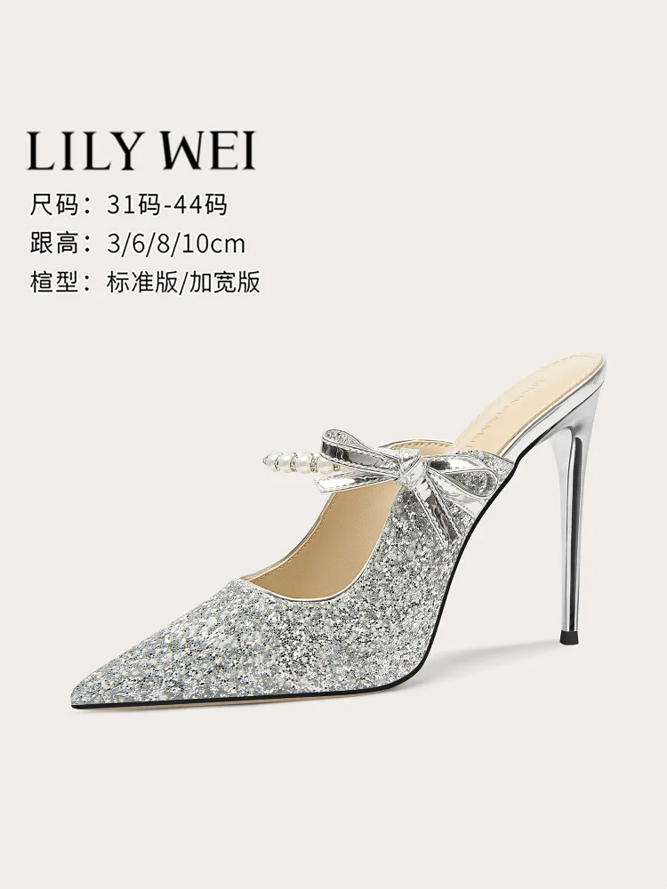 

Summer new pointed silver sequin pearl bow low-heeled toe slippers thin high-heeled dress large size small size women's sandals