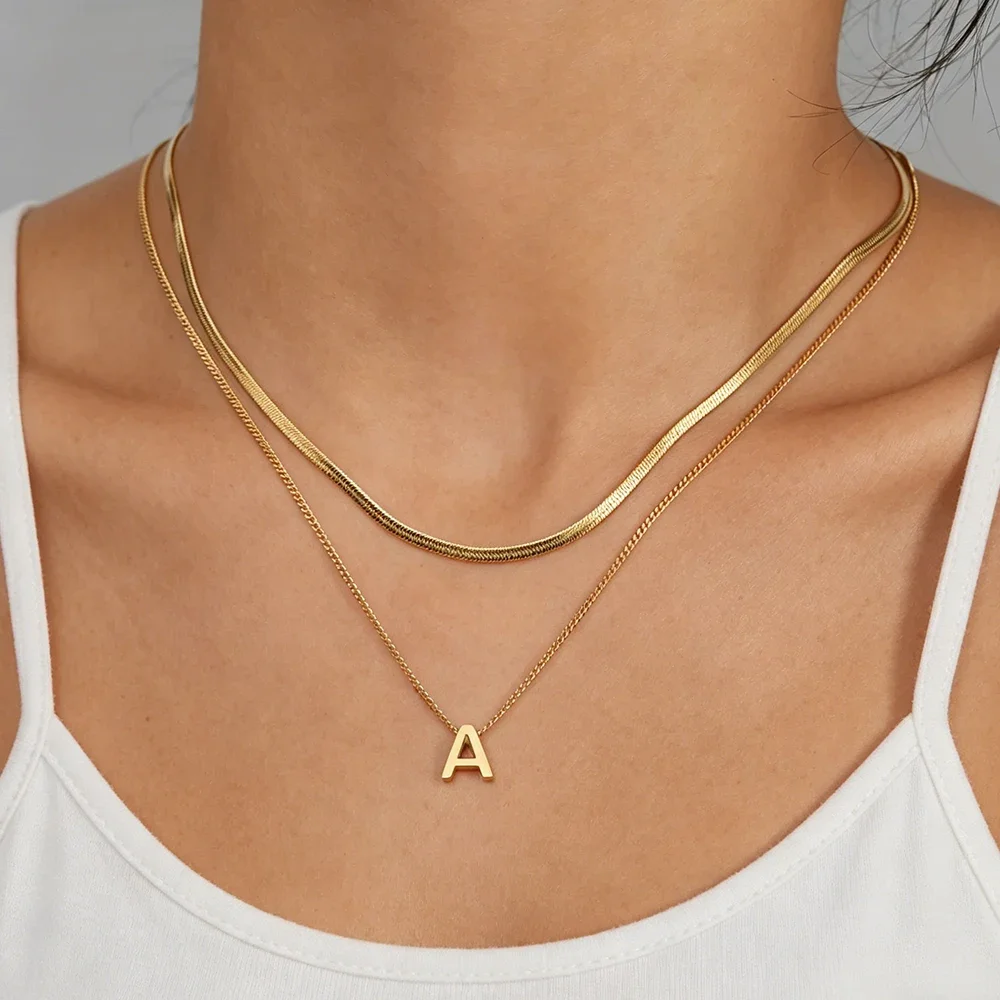 Skyrim Gold Color Initial Letter Necklace for Women Stainless Steel Double Layer Snake Chain A-Z Alphabet Jewelry Birthday Gift