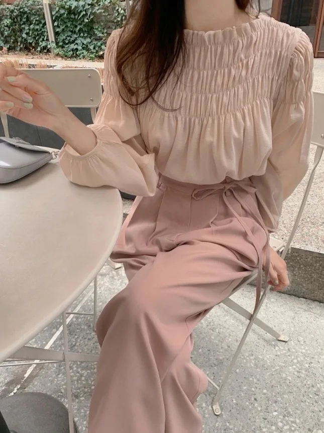 

Sweet Chic Spring round Ne Pleated Bubble Sve Loose Casual Versatile irt Top Women's Lace irt Snowflake Geometric Pa...