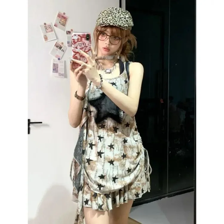 女性用のハイウエストドローストリングタンクトップとギャザースカート,スタープリントの2ピース夏服,新しいコレクション2024