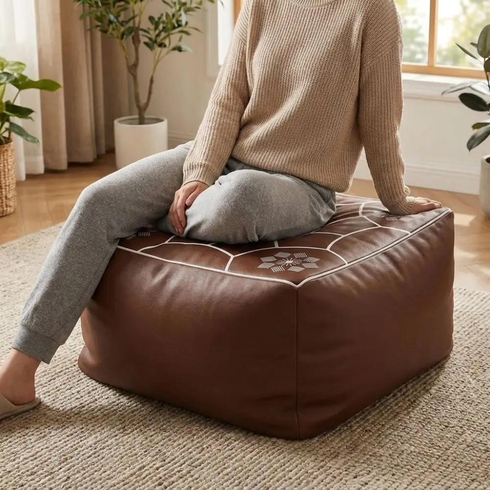 PU Leather Footstool Cover Unstuffed Large Capacity Storage Bag Moroccan Style Waterproof Seat Cushion Cover Clothes Storage