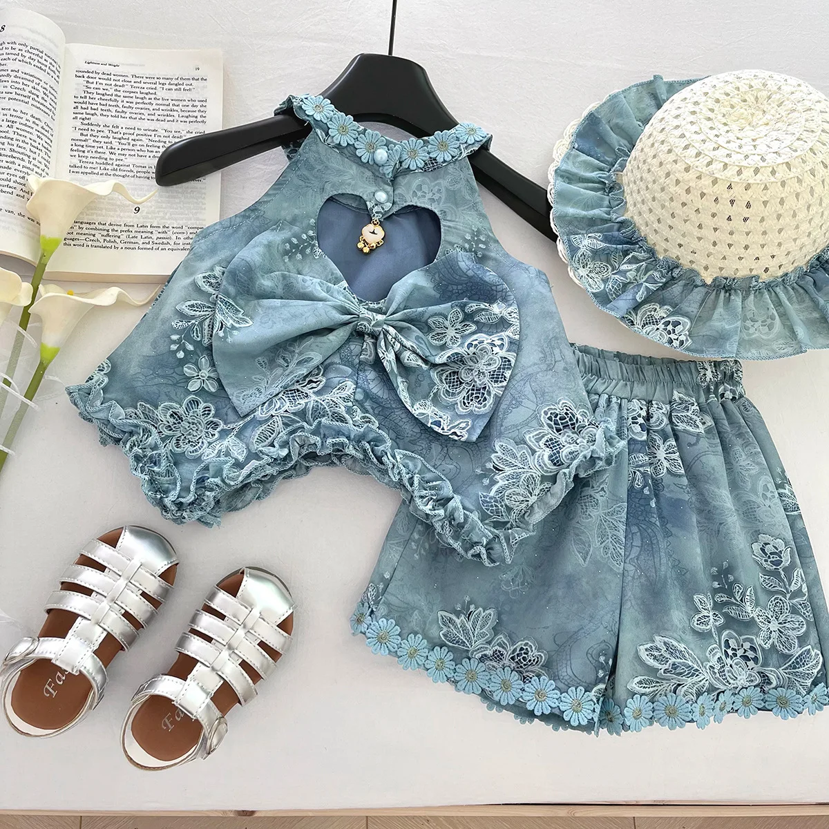 

Girls Summer Lace Embroidery Set – Floral Top & Shorts, Korean Style Kids Fashion for Ages Kids Clothes Girls