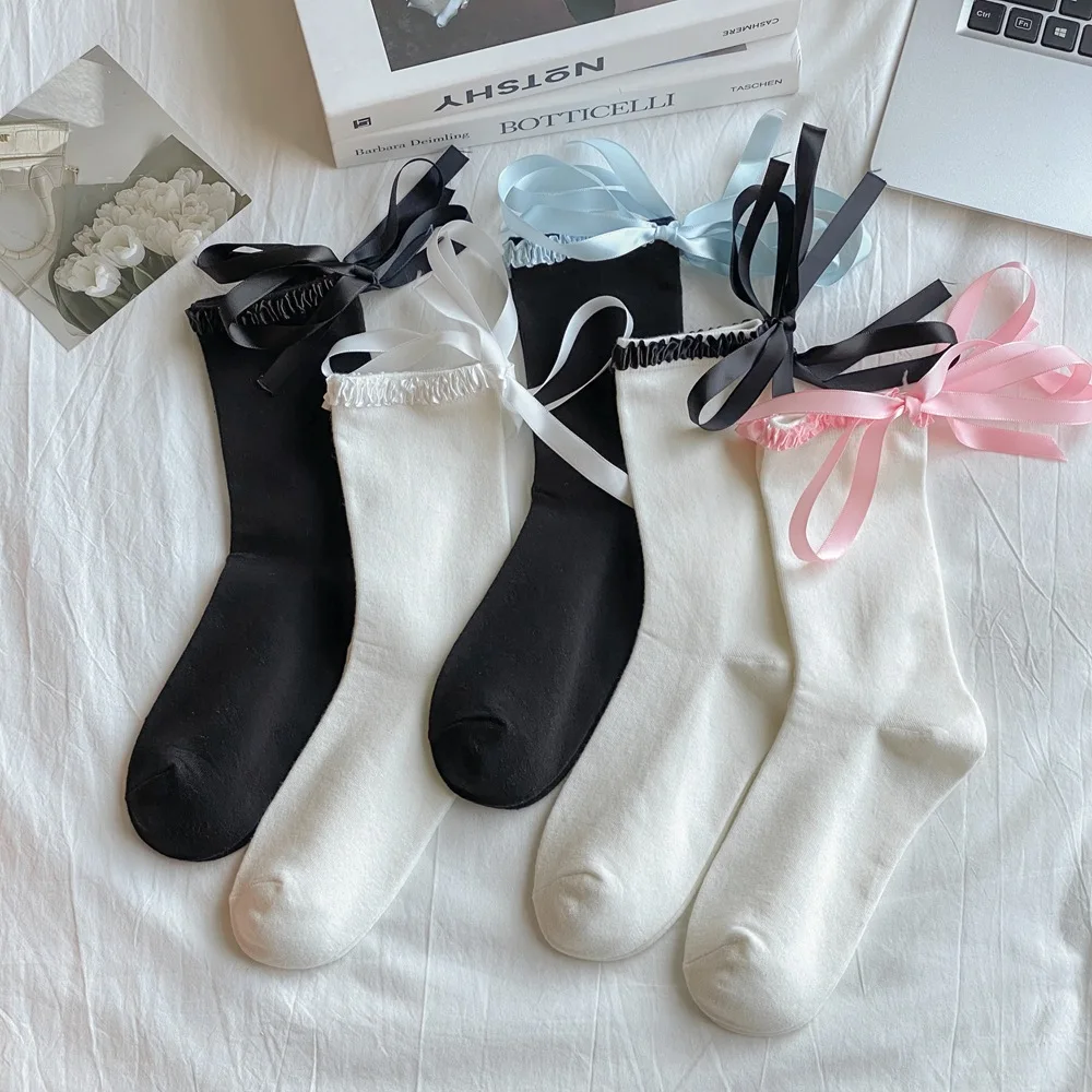 White Pink Socks korean Style Women Lace Lovely Girls Gifts Soft Sweet Socks With Kawaii Bow Female Comfortable High-Quality