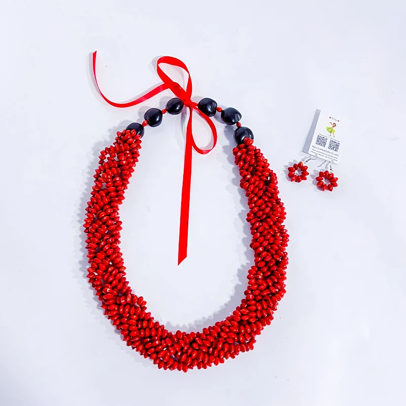 Classic Samoa Style Ula Lopa Set for Women Popular Sandalwood Seed Lei Hawaii Kukui Nut Accessories 6 Strands Red Seeds Braided