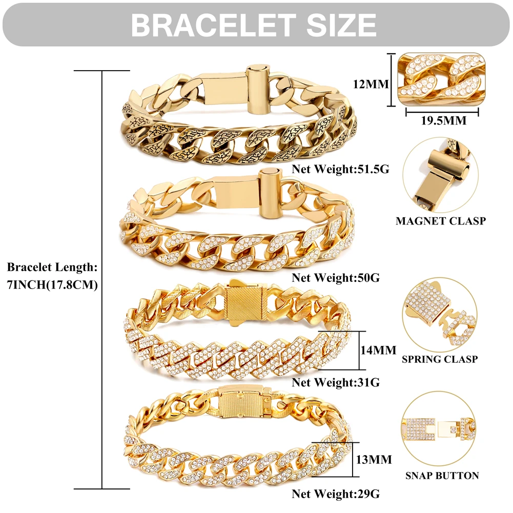 4PCS Luxury Cuban Chain Men Bracelet Set  Hip Hop Bling Full Rhinestone Miami Rhinestone Fashion Jewelry Gift 7/8/9inch