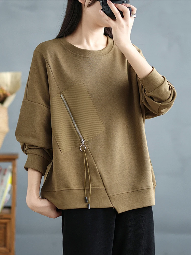 Women Clothing 2025 New Autumn Winter Office Lady O-Neck Irregular Patchwork Windbreakers Casual Loose Zipper Pocket Bottom Tops