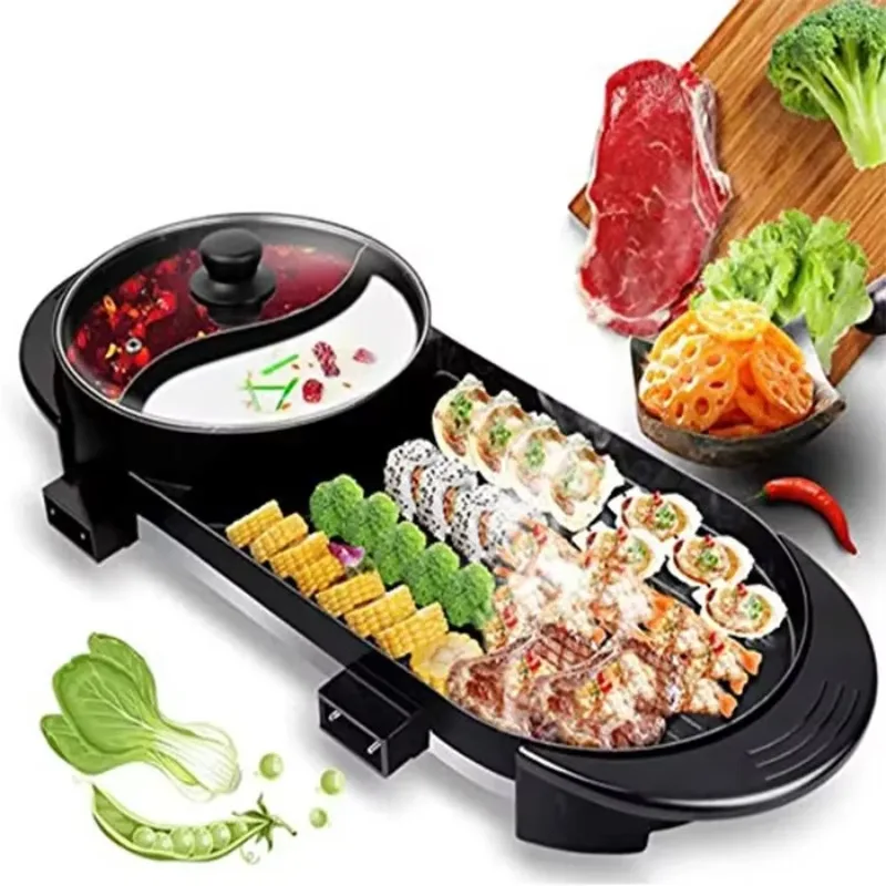 Indoor desktop electric hot pot barbecue grill and smokeless hot pot combination with remote control function