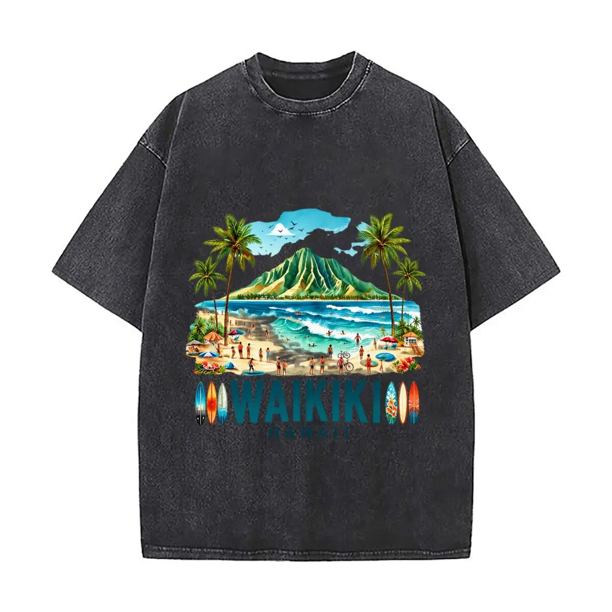 Waikiki Hawaii Tropical Beach Surfing Palm Trees Mountain Washed Distressed Loose Streetwear Tops for City Walks