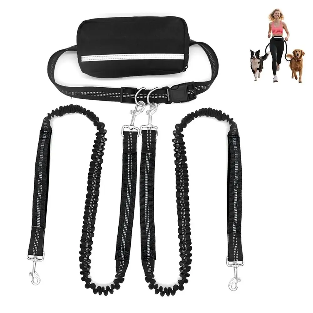 Adjustable Double Dog Leash with Pouch Anti-Tangle Waist Bag Belt Twin Lead for 2 Dogs with Dual Bungees No Pull Leash