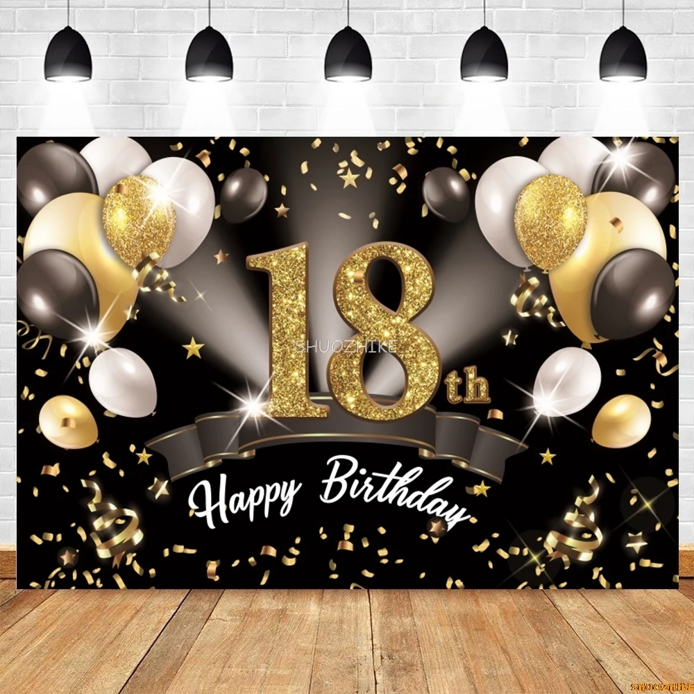 Happy 18th Birthday Backdrop Black Gold Pink Glitter Balloons 18 Years Old Party Customize Photography Background Decor Banner